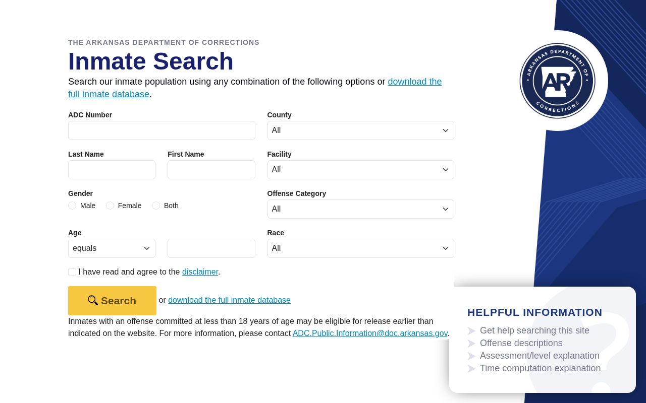Arkansas DOC offender photo search for Garland County sentenced prisoners